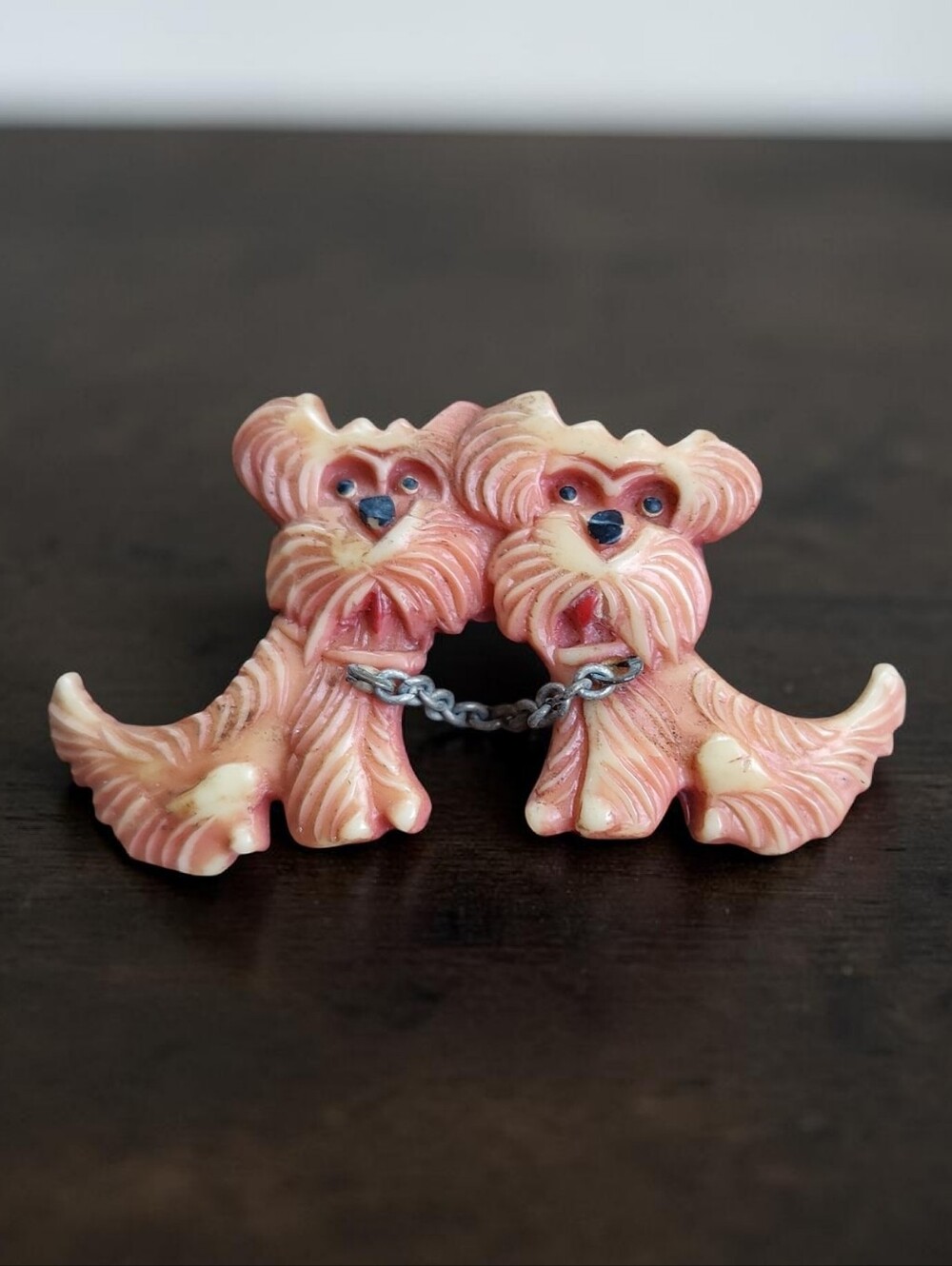 🐶 Vintage Celluloid Scotty Dogs With Chain Brooch